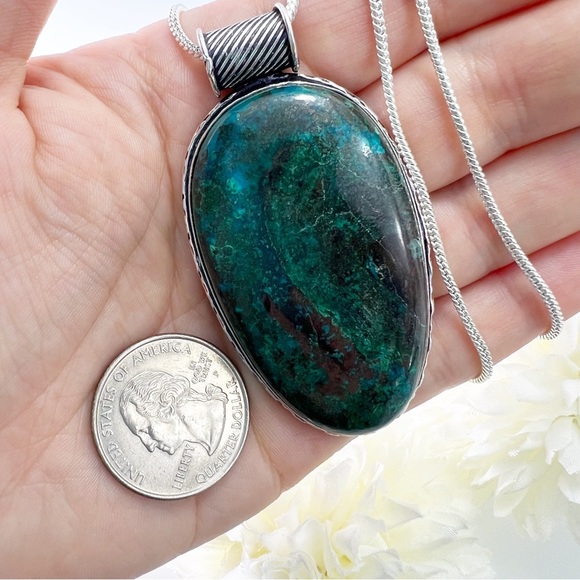 Large Chunky Chrysocolla Pendant Necklace Sterling Silver 925 Vintage Style New - Picture 3 of 7